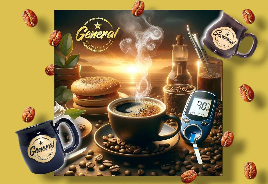 Morning coffee for diabetes management with glucose monitor and sunrise