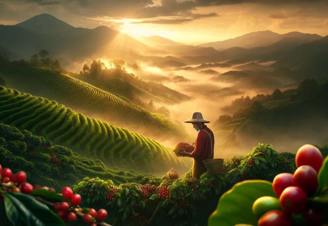 Sunrise at high-altitude specialty coffee farm with farmer inspecting ripe cherries