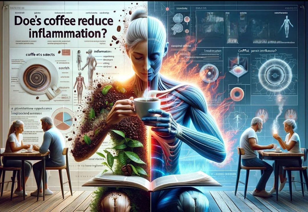 Image titled 'Does Coffee Reduce Inflammation?' showing contrasting effects of coffee on health with one side depicting benefits and the other side illustrating adverse effects.