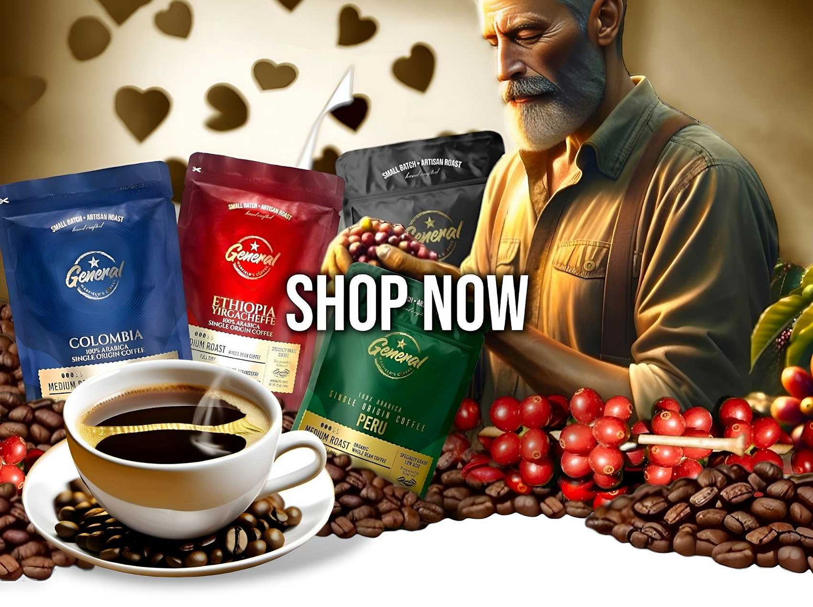 General Warfield’s Coffee homepage banner with coffee bags and golden cup of specialty grade coffee 