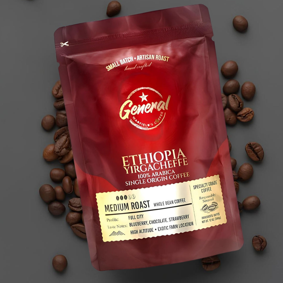 General Warfield's Single-Origin Coffee Collection showing one of our best selling products from this category - Single-Origin Ethiopian Yirgacheffe Whole Bean Roast.