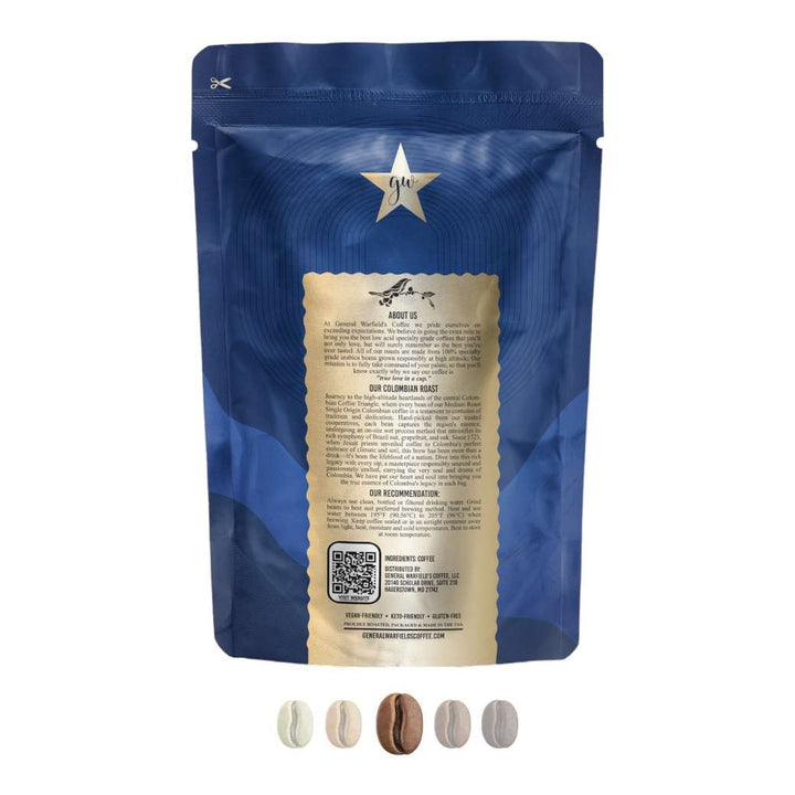 Colombia whole bean medium roast level with beans below the back of packaging
