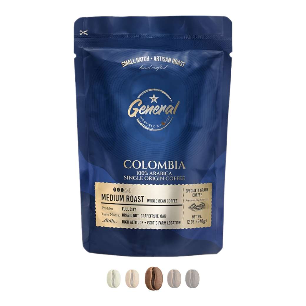 Colombia whole bean medium roast level with beans below packaging
