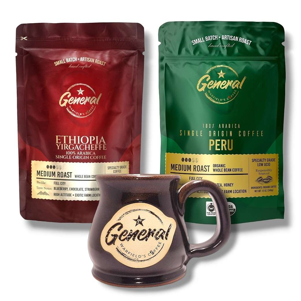 Whole bean Fair-Trade and USDA Organic certified whole bean Peru and Ethiopian bundle including "cadet" handcrafted, lead-free, cadmium-free, California Prop 65 compliant mug