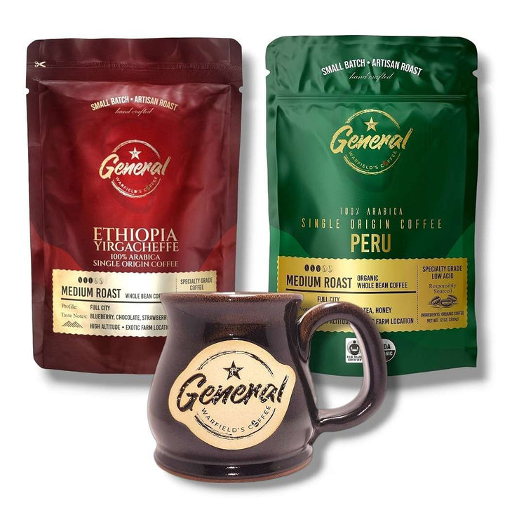 Whole bean Fair-Trade and USDA Organic certified whole bean Peru and Ethiopian bundle including "cadet" handcrafted, lead-free, cadmium-free, California Prop 65 compliant mug