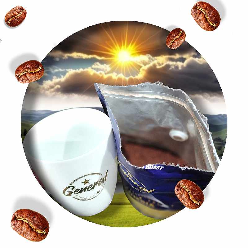 Fresh Colombian coffee grounds in bag with coffee cup