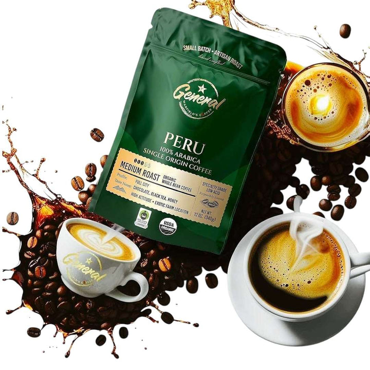 Lifestyle image showing bag, and three steaming cups of delicious low-acid General Warfield’s Fair-Trade and USDA Organic certified Peruvian coffee.
