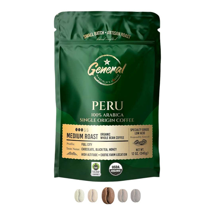 Front view of General Warfield's Fair-Trade and USDA Organic whole bean Peruvian roast showing medium roast profile.