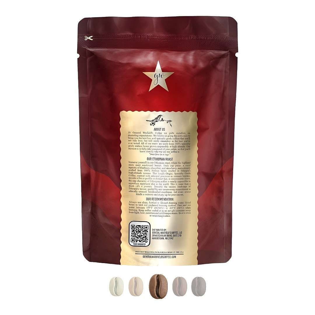 Back view of General Warfield's Ethiopian whole bean Yirgacheffe coffee