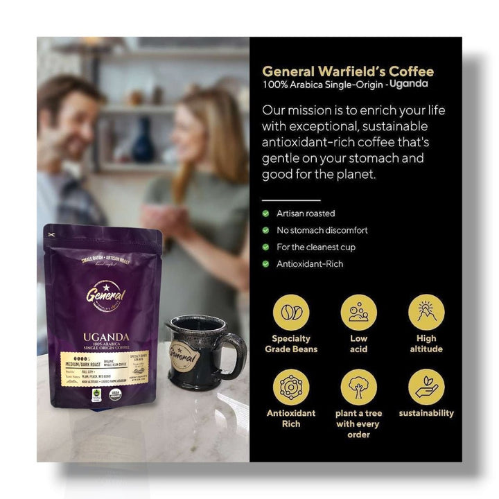 Single-Origin Organic Whole Bean Coffee - Uganda (12oz) by General Warfield's with low acid, antioxidant-rich benefits and plum, peach, red berry notes.