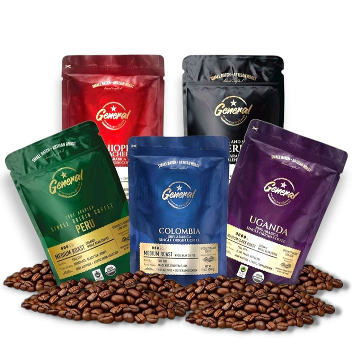 The Bean Dream Coffee Bundle placed neatly on top of General Warfield's specialty-grade, artisan-roasted, high-altitude, and small batch roasted beans.