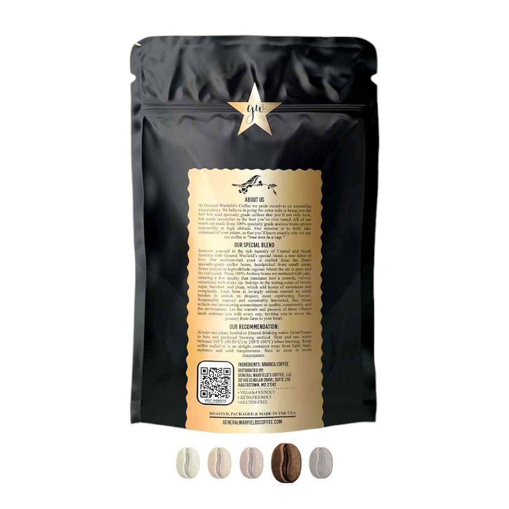 Back of packaging view of Central and South America blend showing medium-dark roast profile.
