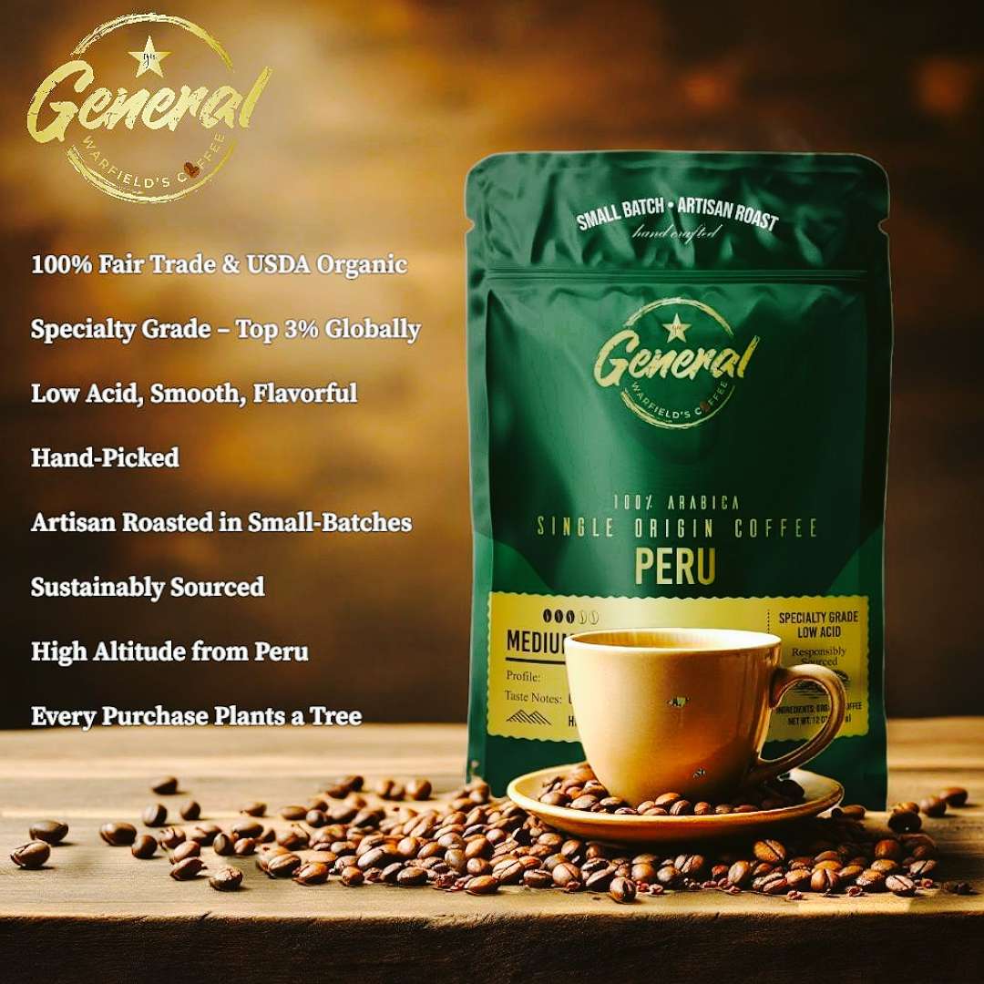 Fair Trade and Organic medium roast whole bean Peruvian roast lifestyle image with product highlight list showing cupping score, low-acid profile, specialty-grade beans, high-altitude, responsibly sourced, and more.