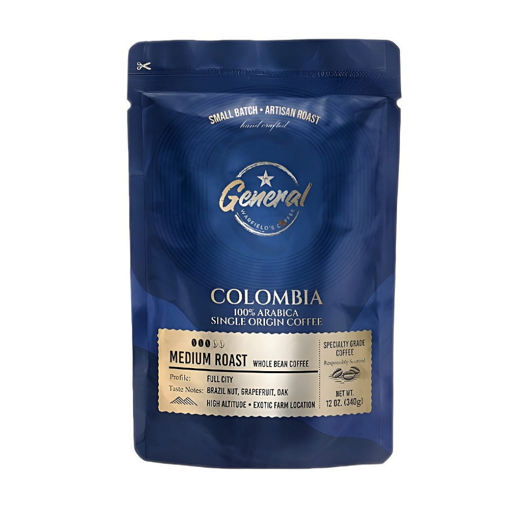 Front of Colombia medium roast whole bean packaging - 12oz