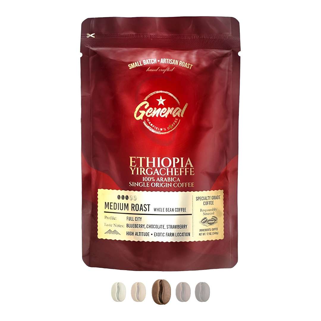Front view of General Warfield's Ethiopian whole bean coffee