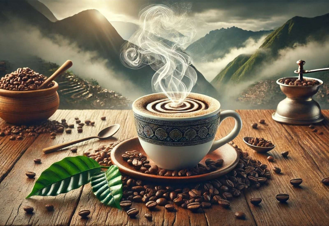 Steaming cup of Peruvian coffee from Cusco with lush green mountains in the background, showcasing the rich, nuanced flavors and stunning beauty of the region's coffee culture.