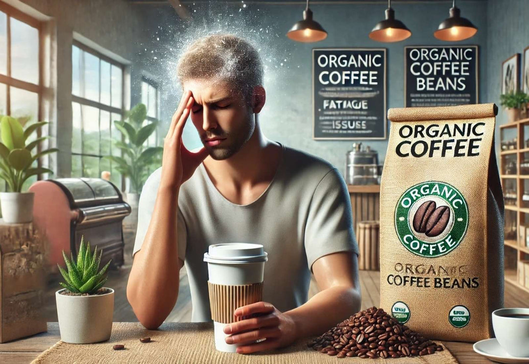 Coffee lover in a serene coffee shop setting experiencing histamine intolerance symptoms like headache, fatigue, and digestive issues while drinking regular coffee while thinking about switching to organic coffee, which may help reduce these symptoms.