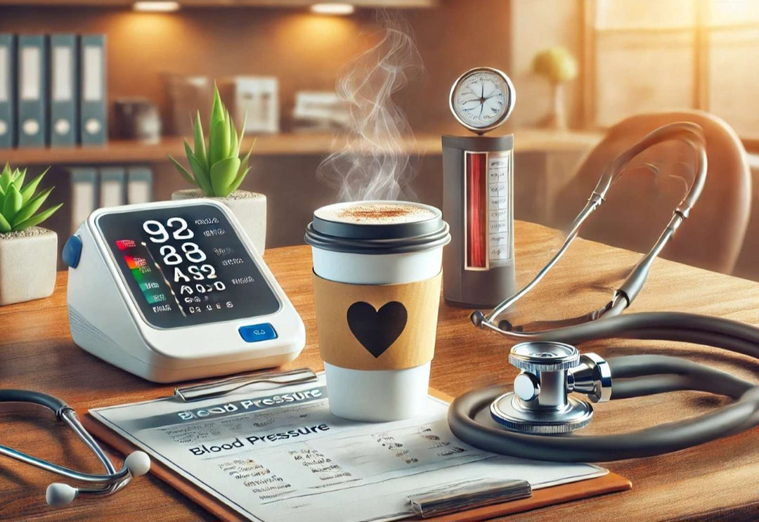Coffee cup on a doctor's desk with a stethoscope, blood pressure monitor, and medical charts, indicating a discussion about the effects of coffee on blood pressure, with a blurred medical office setting in the background.