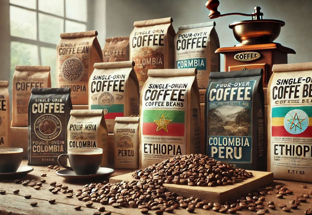 single-origin coffee bags from Ethiopia, Colombia, and Peru, displayed on a rustic wooden table with coffee beans, a manual grinder, and a pour-over coffee maker.