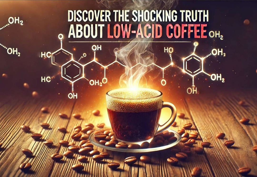 Cup of low acid coffee showing one chlorogenic acid molecule representing a low level of acid in coffee  