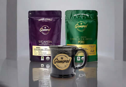 Fair Trade and USDA Organic certified Whole Bean Ugandan and Peruvian coffee roasts from General Warfield’s Coffee 