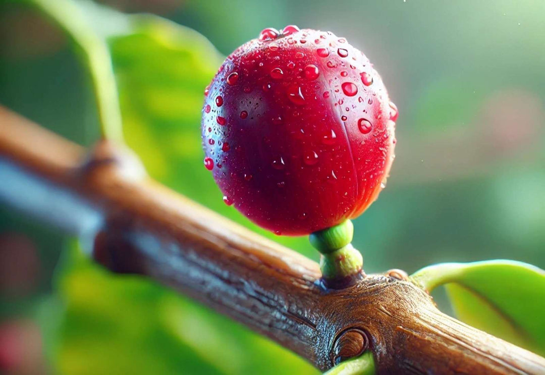 Ripe and red arabica coffee cherry growing from coffea arabica plant branch