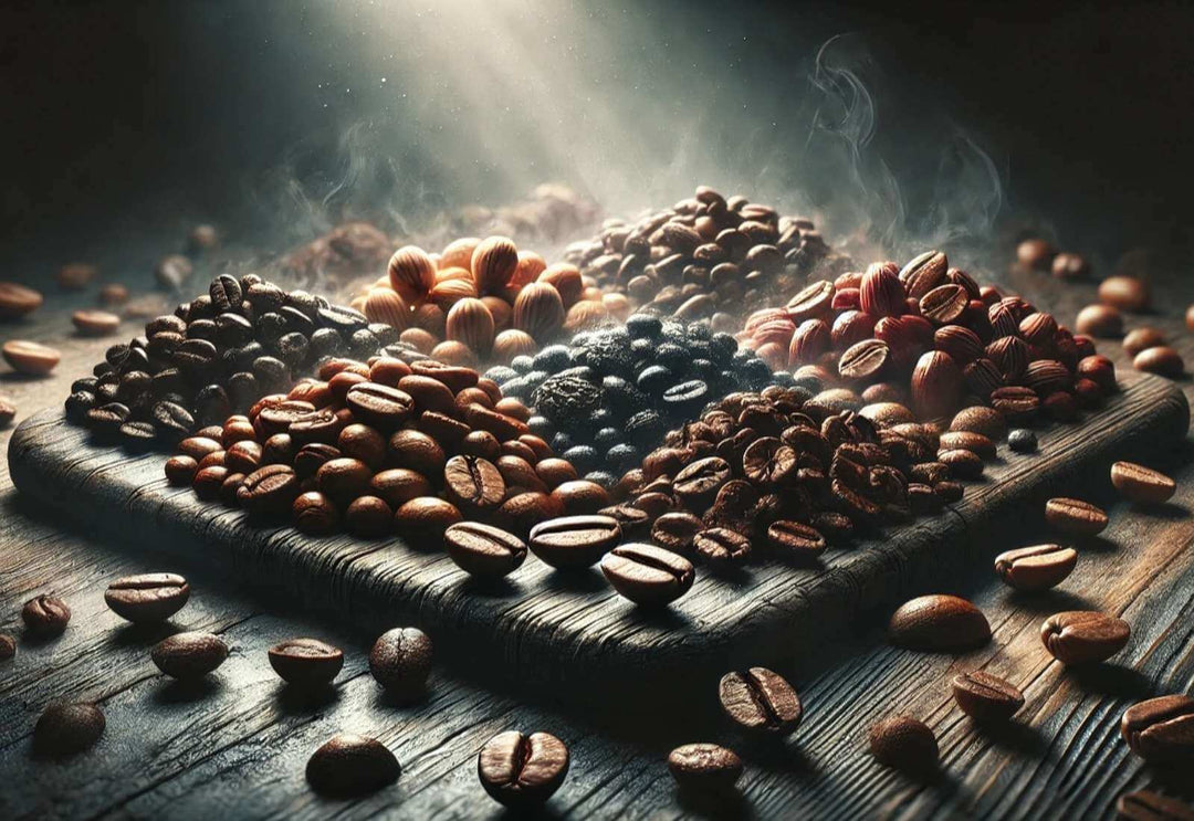 Arabica, Robusta, Liberica, Excelsa coffee bean varieties shown close-up on dark wooden background