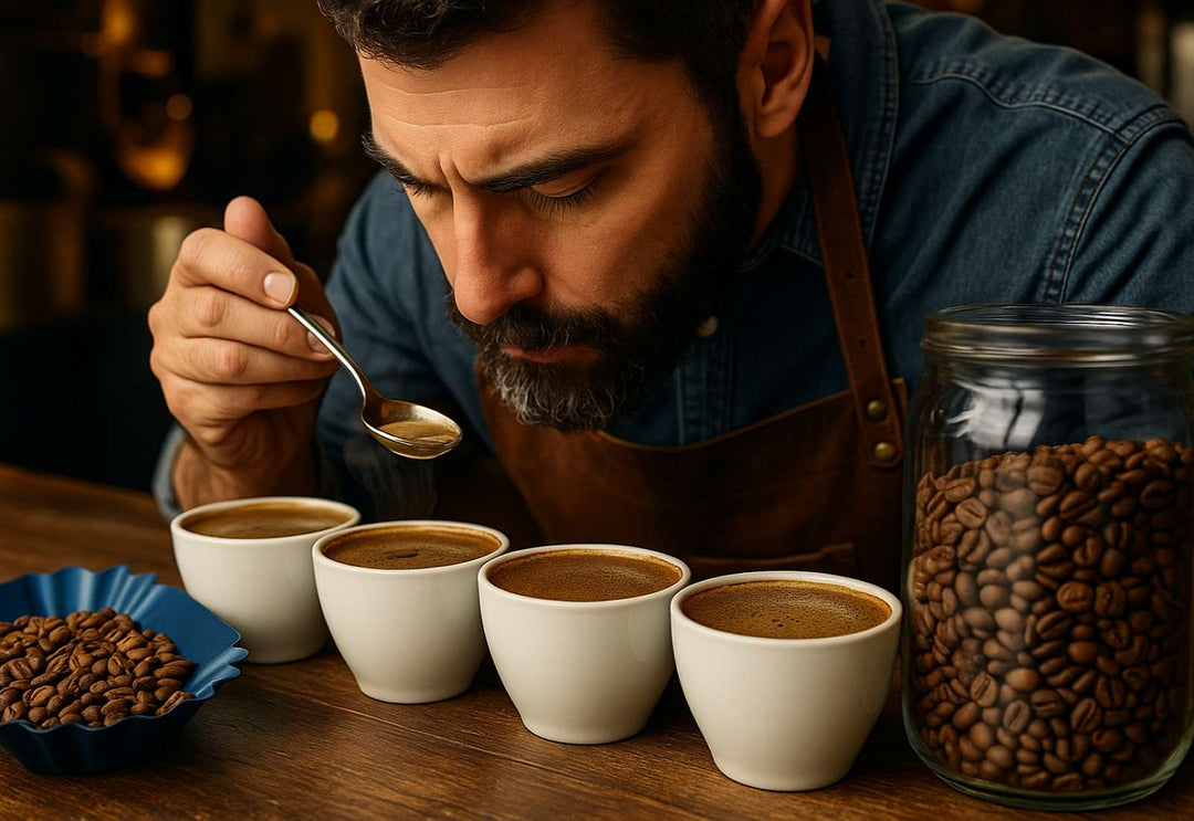 Man tasting coffee fromm different roast dates showing days 7 through 10 are optimal in terms of flavor and aroma. 