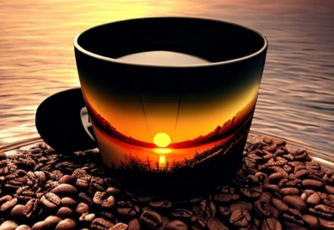 10 Reasons Why You Should Start Drinking Coffee Today For Your Health - image of coffee cup on coffee beans next to water at sunset