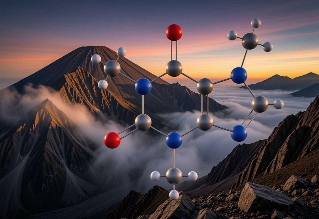 Caffeine molecule over a high-altitude coffee-growing mountain range at sunrise