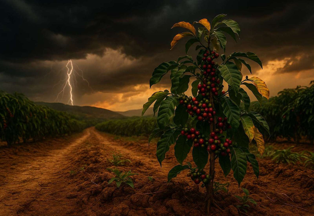 Arabica specialty grade coffee plant growing in dry soil with unpredictable weather and storms in background due to climate change. 