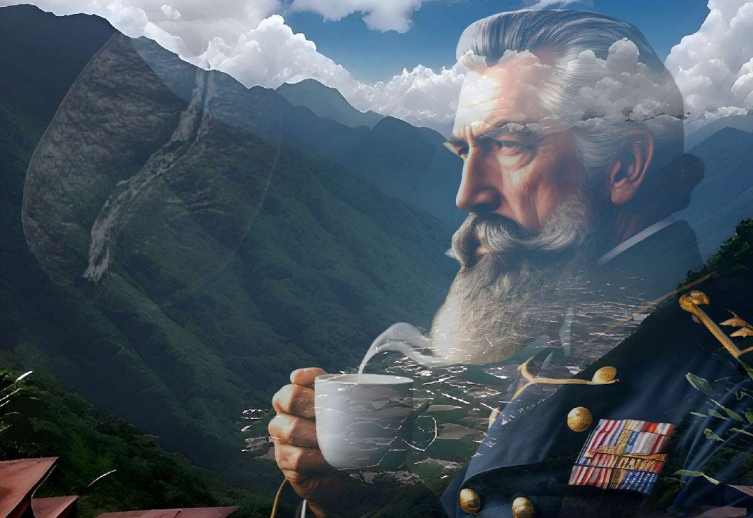 General Warfield drinking Colombian Coffee while looking out into the Andes Mountains. 