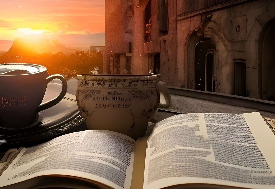 Image of a cup of coffee and open history book symbolizing the history of coffee shops
