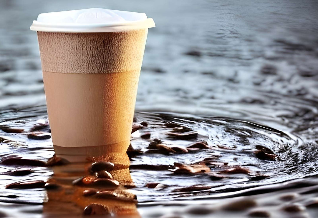 Coffee cup and coffee beans in water symbolizing the wet processing coffee method