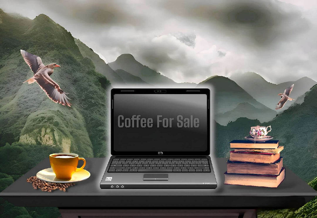 Image of cup of coffee and open laptop showing nature coffee beans and history books