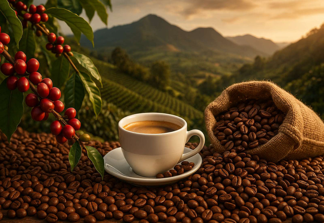 Coffee journey from Ethiopian origin to global Arabica cultivation, highlighting beans, farms, roasting, and specialty coffee culture.