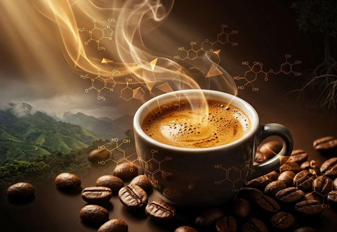 General Warfield's Coffee® — specialty coffee with molecular overlay showing chlorogenic acid and N-methylpyridinium compounds — the science behind genuinely low acid coffee