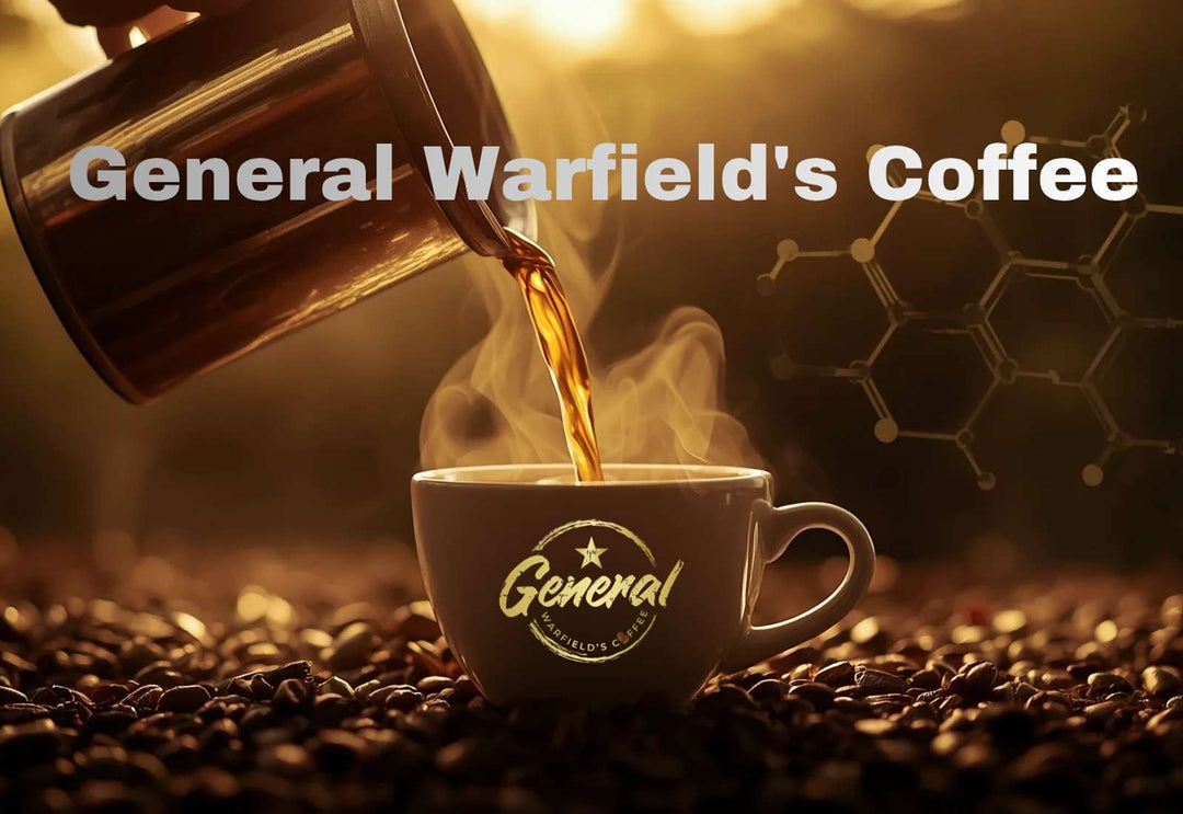 Pouring coffee into a General Warfield's Coffee mug with beans and a molecule diagram — the chemistry behind coffee stomach discomfort. 