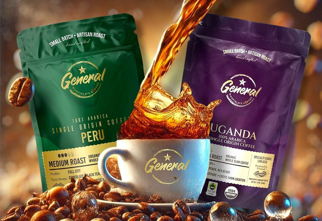 General Warfield’s Fair-Trade and USDA Organic certified Whole Bean Peruvian and Ugandan roasts with a hot cup of coffee splashing. 