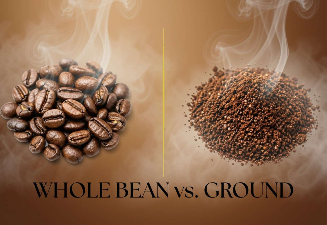 Whole coffee beans beside ground coffee — comparing freshness and grinding