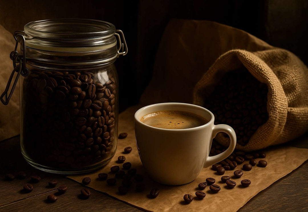 Hyper-realistic image of whole bean coffee stored in a sealed, nitrogen-flushed bag inside a dark pantry with soft natural lighting. 