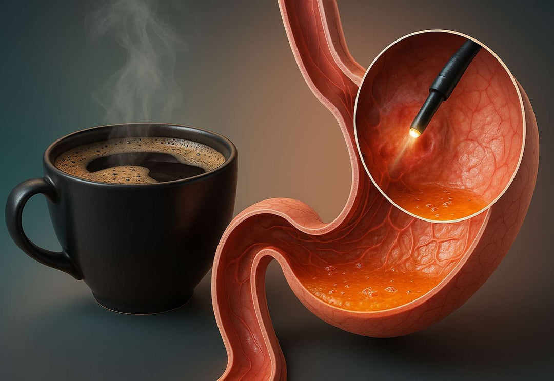Medical illustration showing coffee and the digestive system with an endoscope inside the stomach, symbolizing how coffee affects acid reflux, GERD, and heartburn.