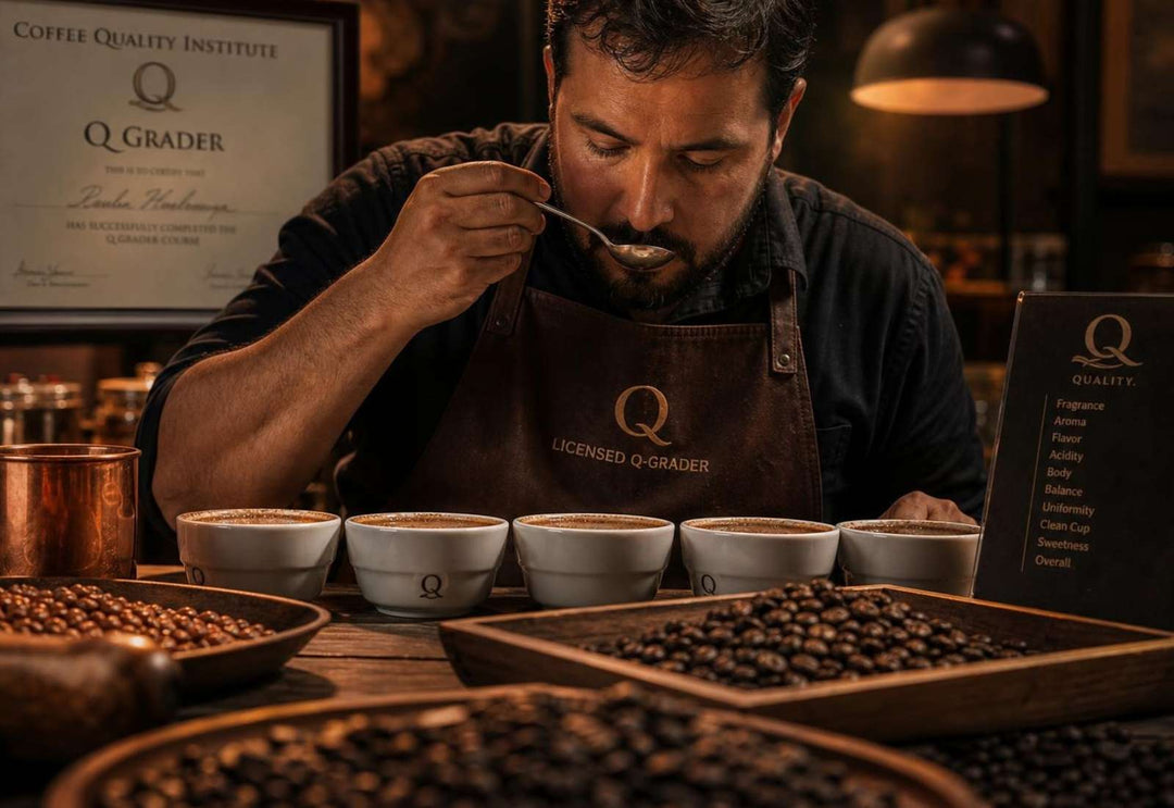 Licensed Q-grader cupping coffee using SCA cupping protocol 