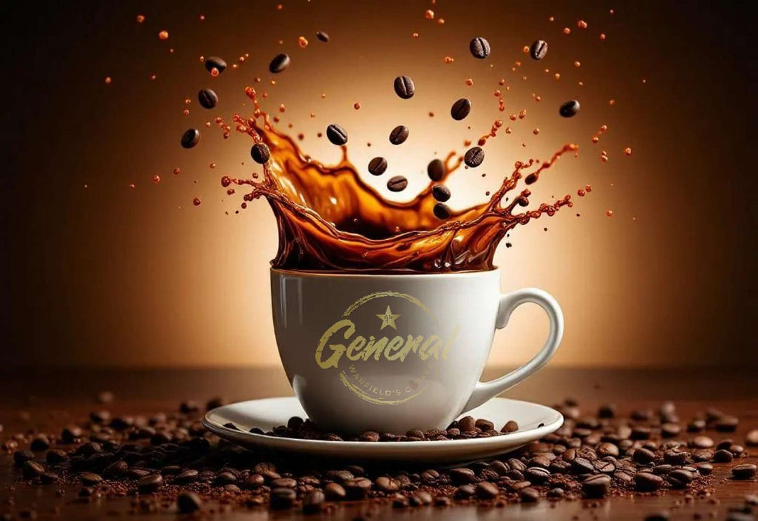 Fair-Trade and USDA Organic certified Peruvian splashing cup of coffee with General Warfield’s Coffee logo on side of cup with gradient background and low acid beans surrounding cup. 