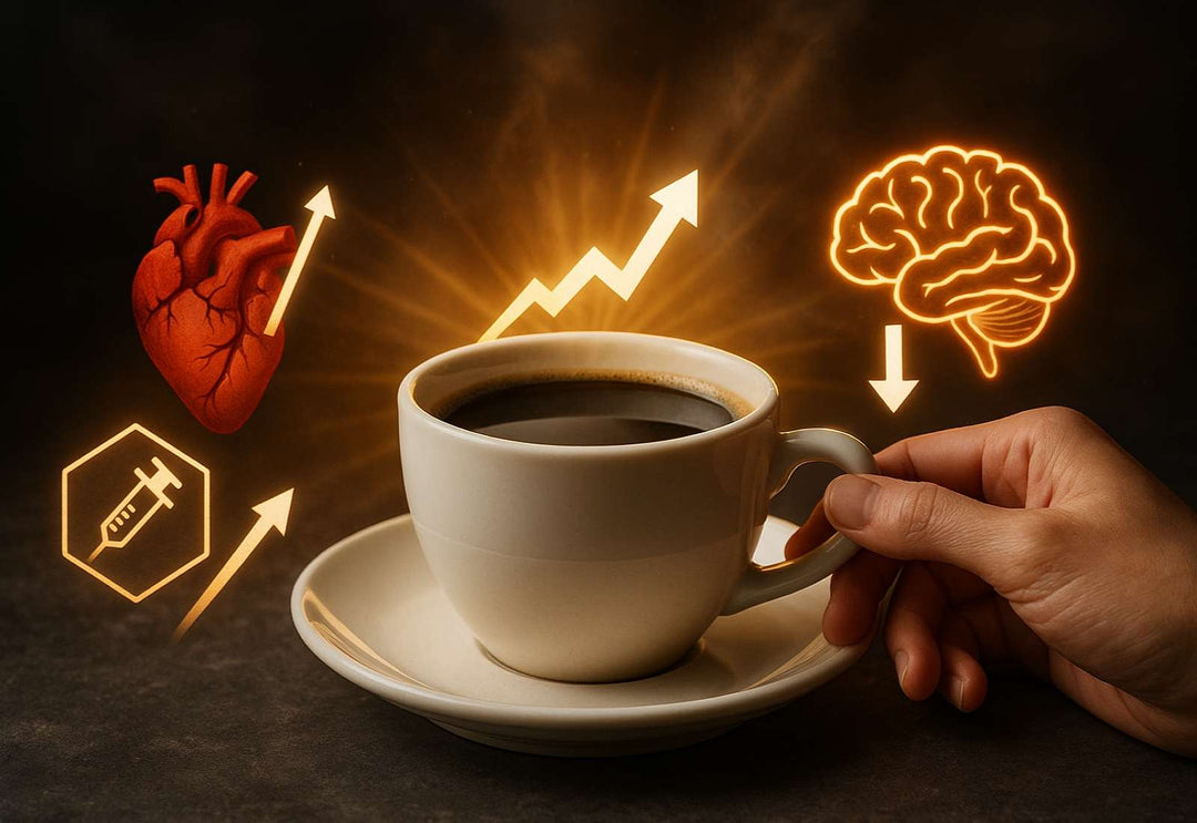Steaming cup of black coffee with a glowing heart and brain illustration behind it, arrows pointing upward signifying increased health