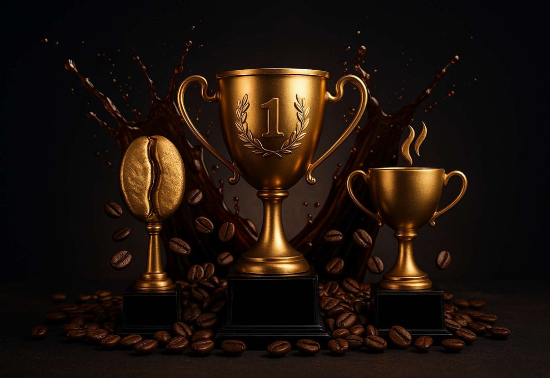 Trophies on top of coffee beans symbolizing the best beans for acid reflux