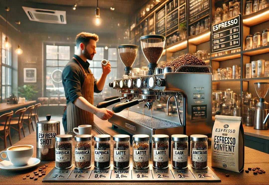 Barista brewing espresso shot in a stylish coffee shop with coffee beans, roast levels, and espresso drinks on the counter, highlighting caffeine content and espresso brewing techniques.