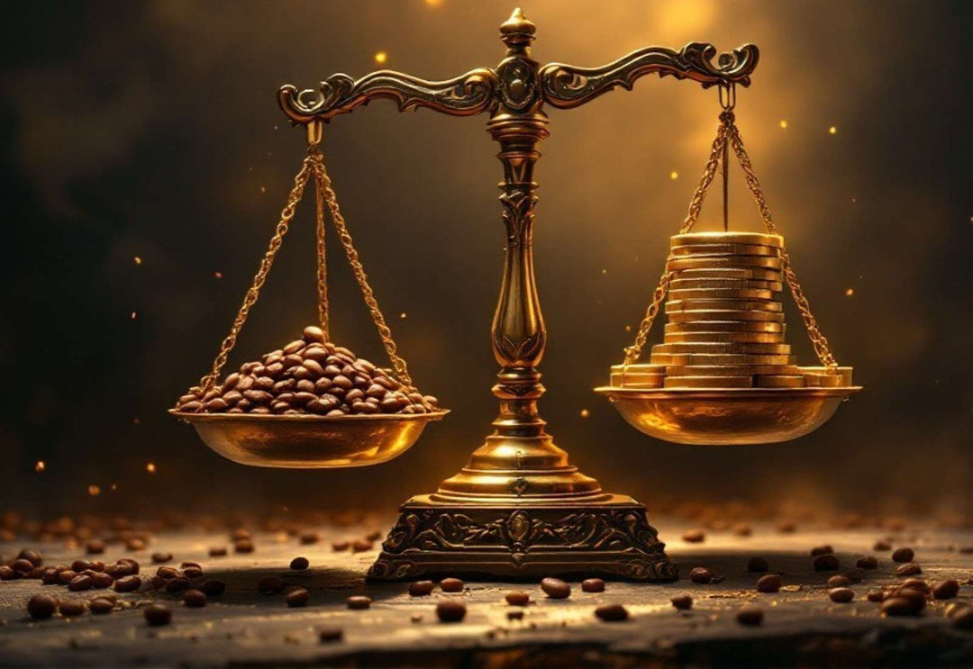 An imbalanced scale weighing coffee cherries against currency, symbolizing unequal value distribution in the coffee trade