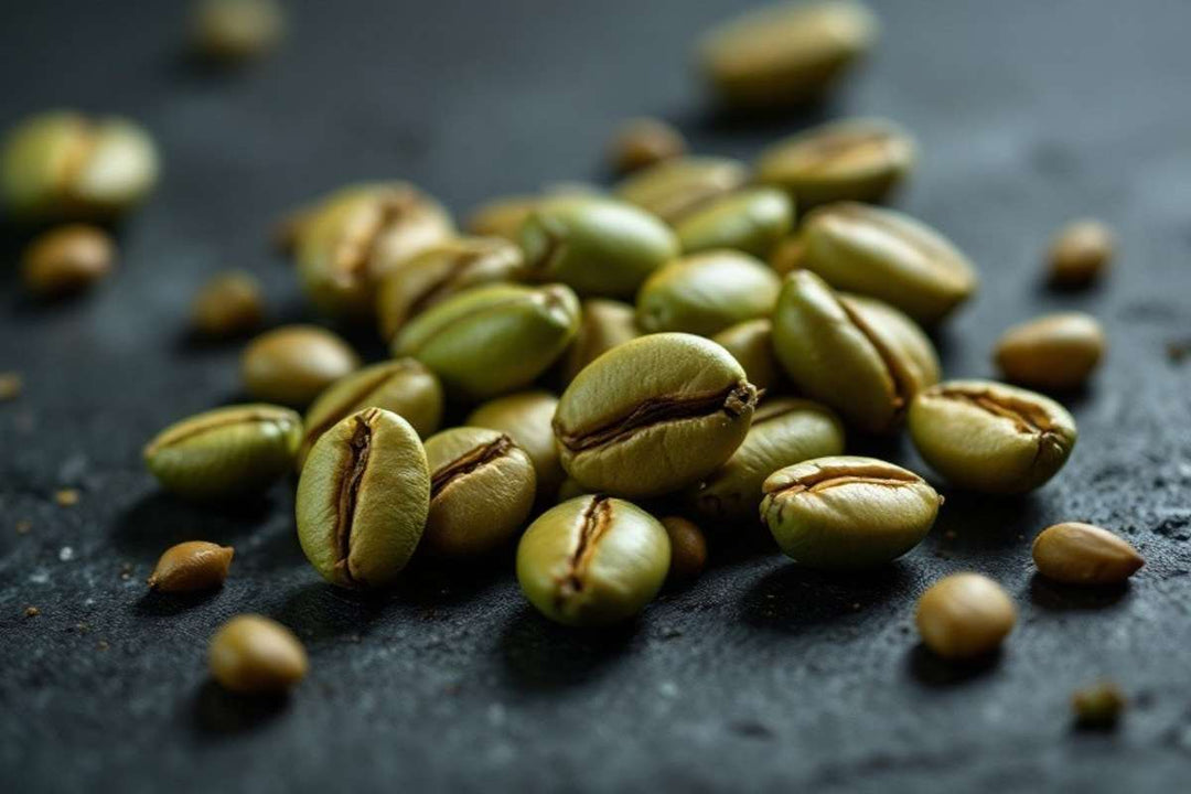 Green, unroasted specialty-grade coffee beans on gray table