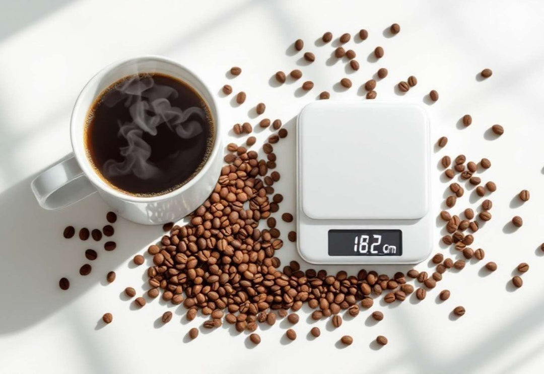 A steaming cup of black coffee beside coffee beans and a precise kitchen scale